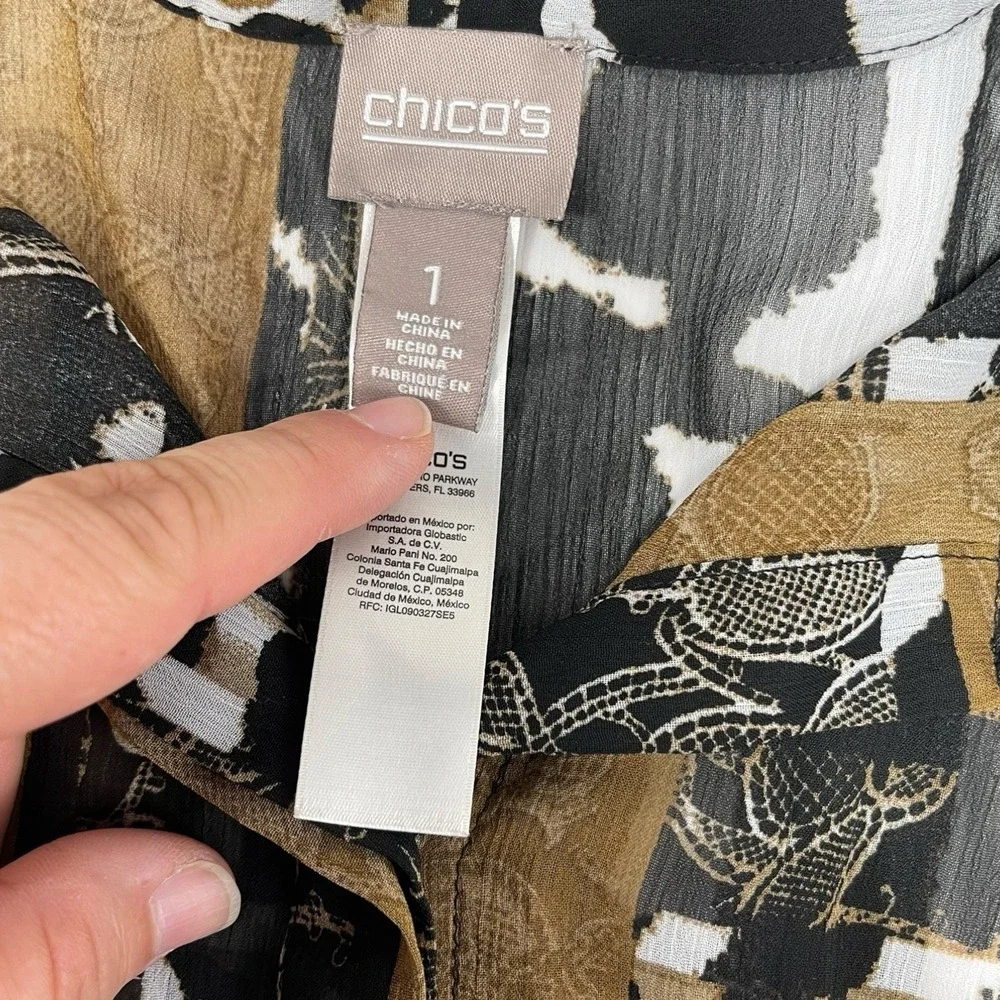 Chicos 1 M Brown Animal Print Button Down Roll Tab Sleeve Safari Mob Wife Blouse - Picture 8 of 10